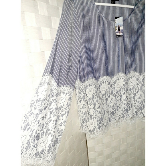 Karen Kane Chambray Stripe Lace Top - Picture 7 of 11